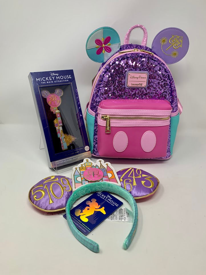 DISNEY PARKS popular LOUNGEFLY MICKEY MOUSE MAIN ATTRACTION IT'S A SMALL WORLD SET