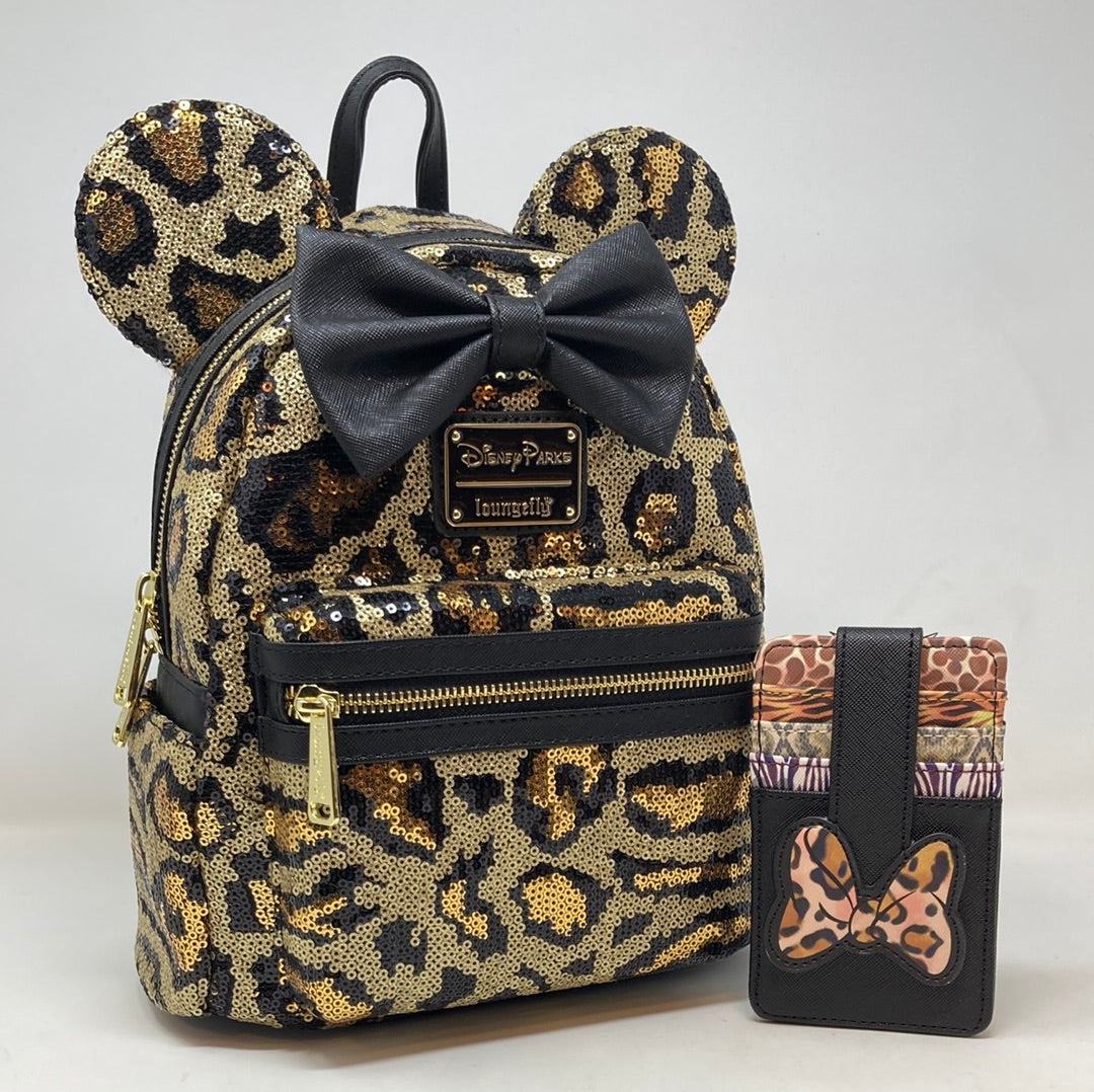 Loungefly Disney Leopard Cheetah 2024 Animal Print Mini Backpack & Minnie Ears Set