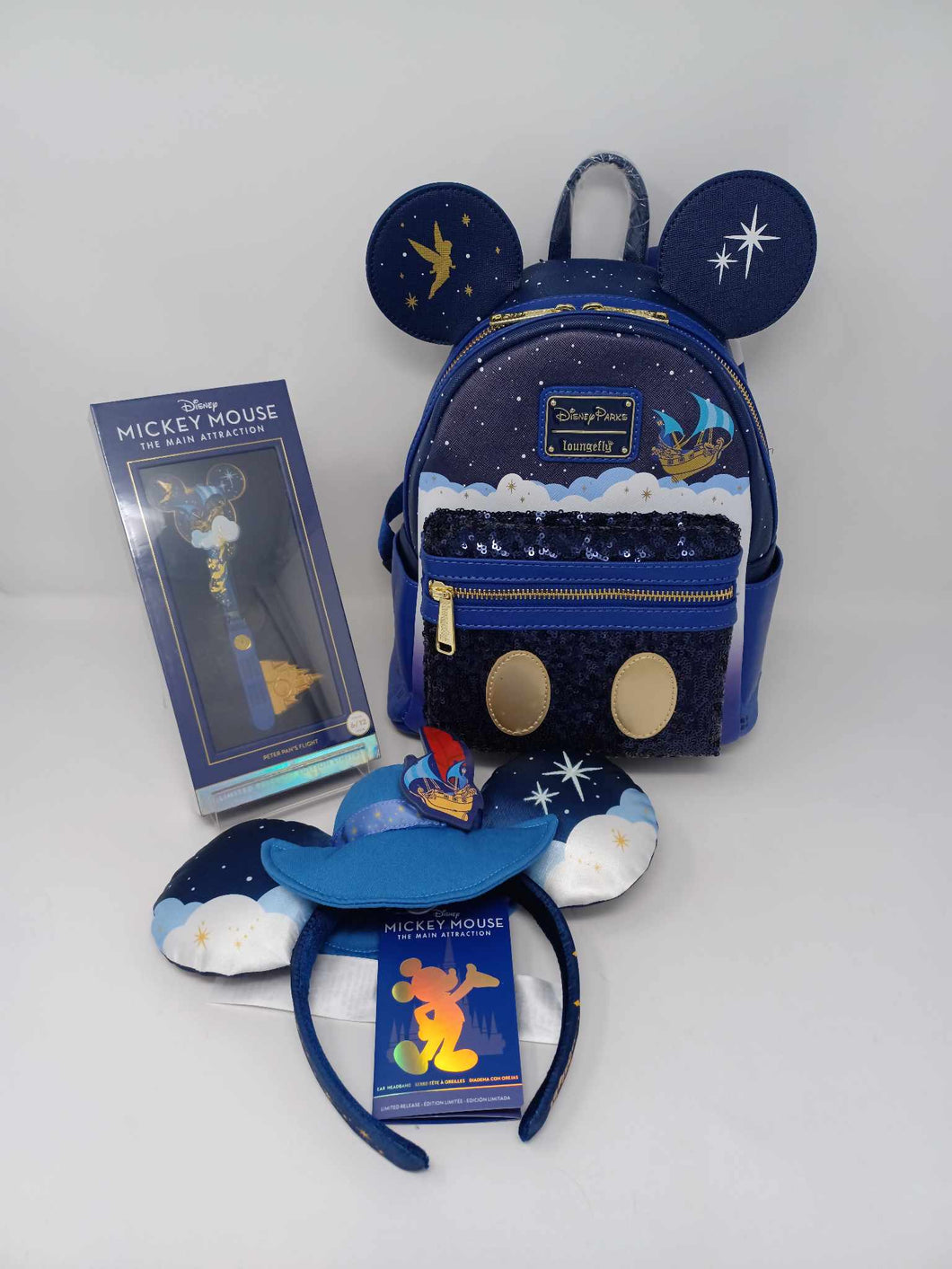 Disney Mini Backpack, Ears, & Key Set Mickey Mouse The Main Attraction Peter Pan's Flight Loungefly